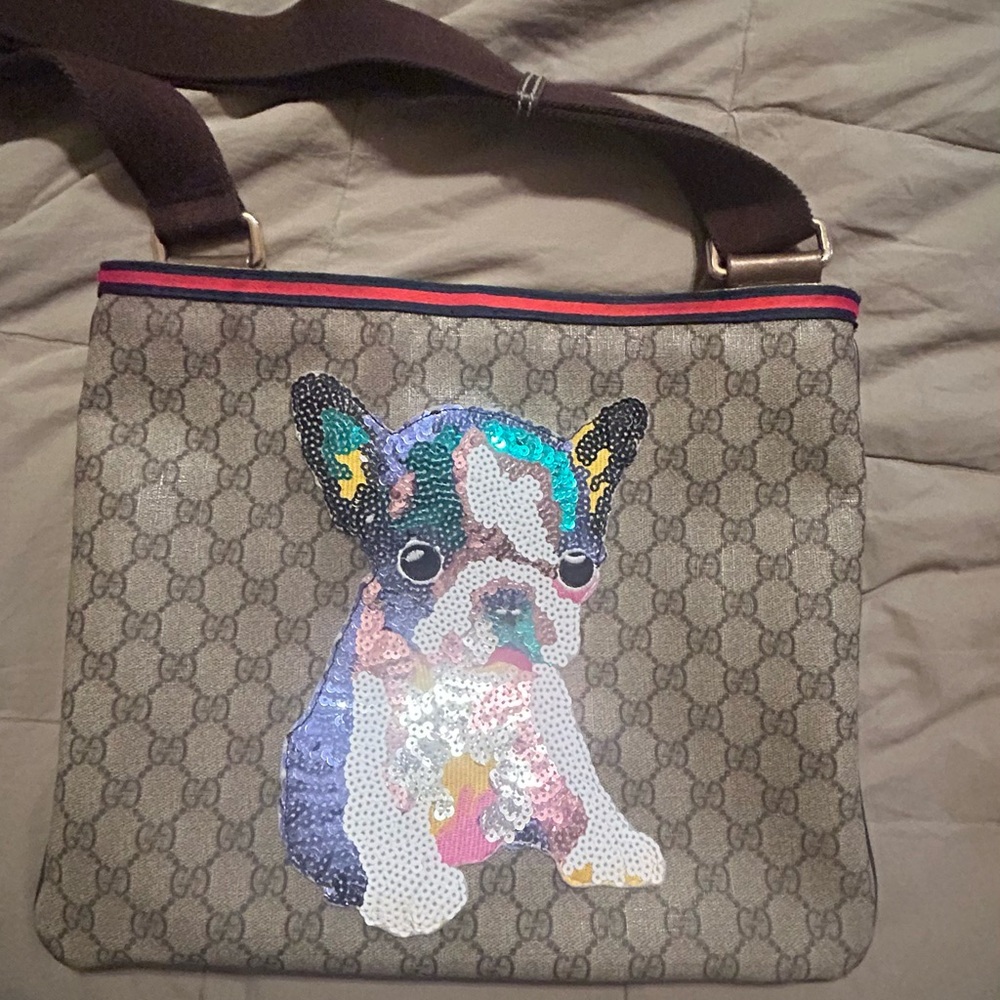 Gucci Up cycled Beige and Brown Sequin Frenchie and military Crossbody Bag